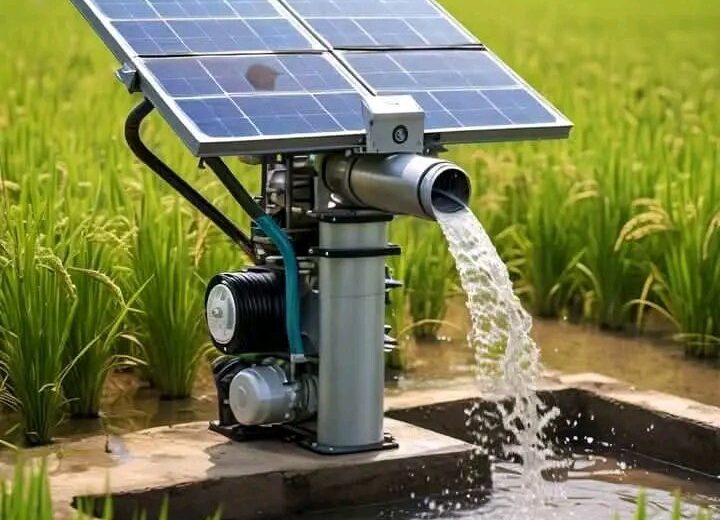 Solar-powered irrigation pump with solar panels watering a rice field, pouring water into a narrow canal.