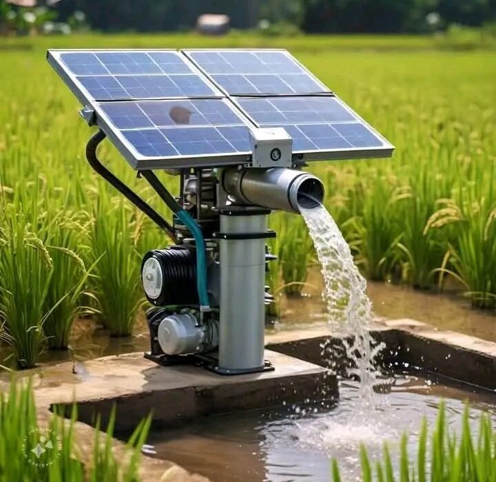 Solar-powered irrigation pump with solar panels watering a rice field, pouring water into a narrow canal.