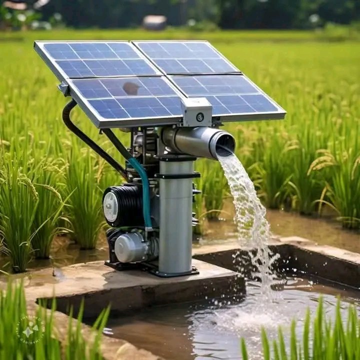 Solar-powered irrigation pump with solar panels watering a rice field, pouring water into a narrow canal.