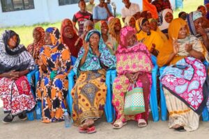 Group of women in bright, patterned dresses sit on blue plastic chairs outdoors at a community gathering, some clapping.