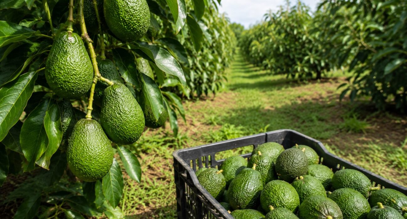 Green avocados hanging on a tree branch in an orchard, with a crate of avocados on the ground nearby.