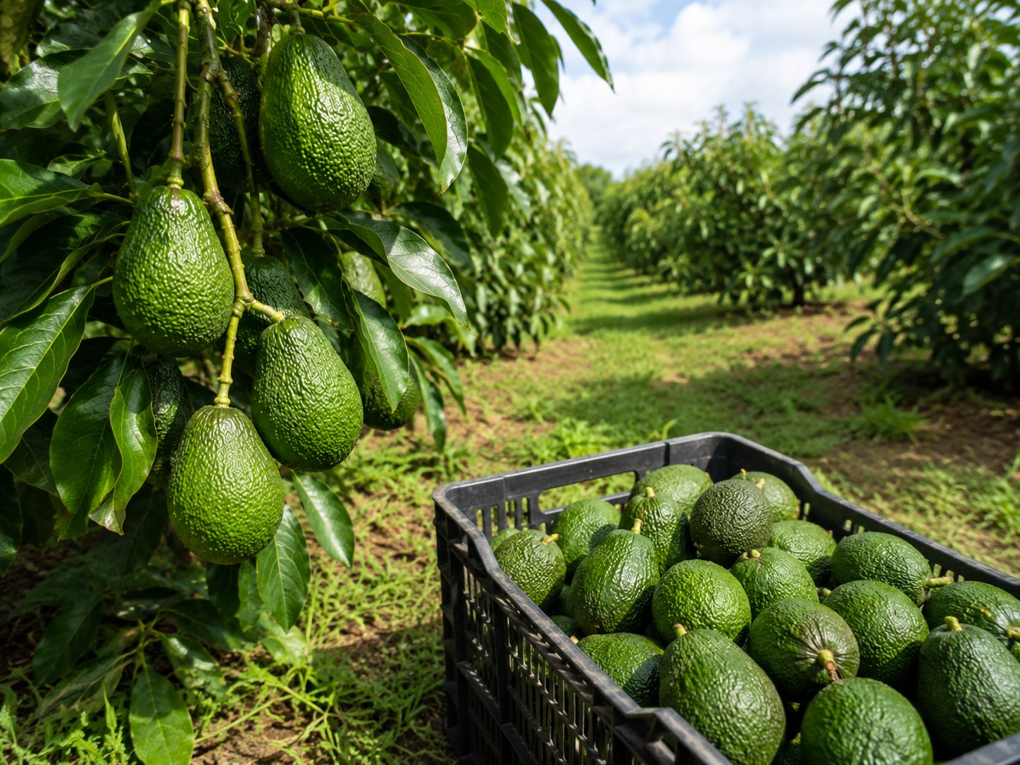 Green avocados hanging on a tree branch in an orchard, with a crate of avocados on the ground nearby.