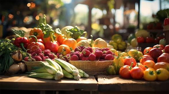 Basket of fresh strawberries, peppers, and tomatoes on a sunlit market stall with corn and greens nearby.