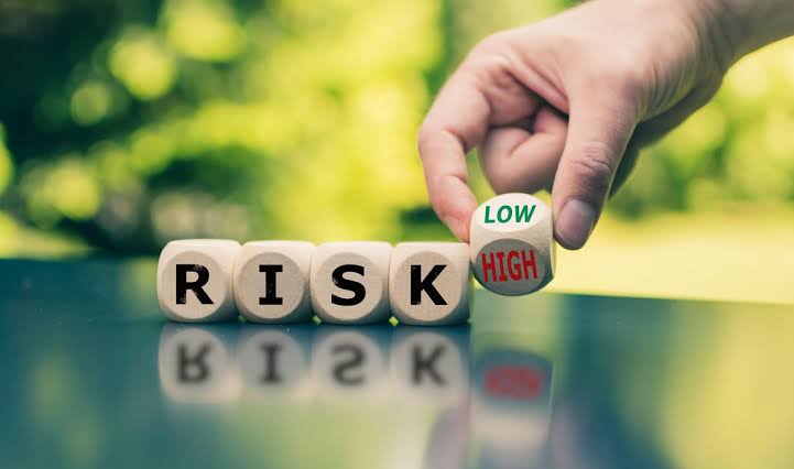 Hand placing a small tile labeled HIGH next to wooden blocks that spell RISK, illustrating choosing risk levels (low vs high).
