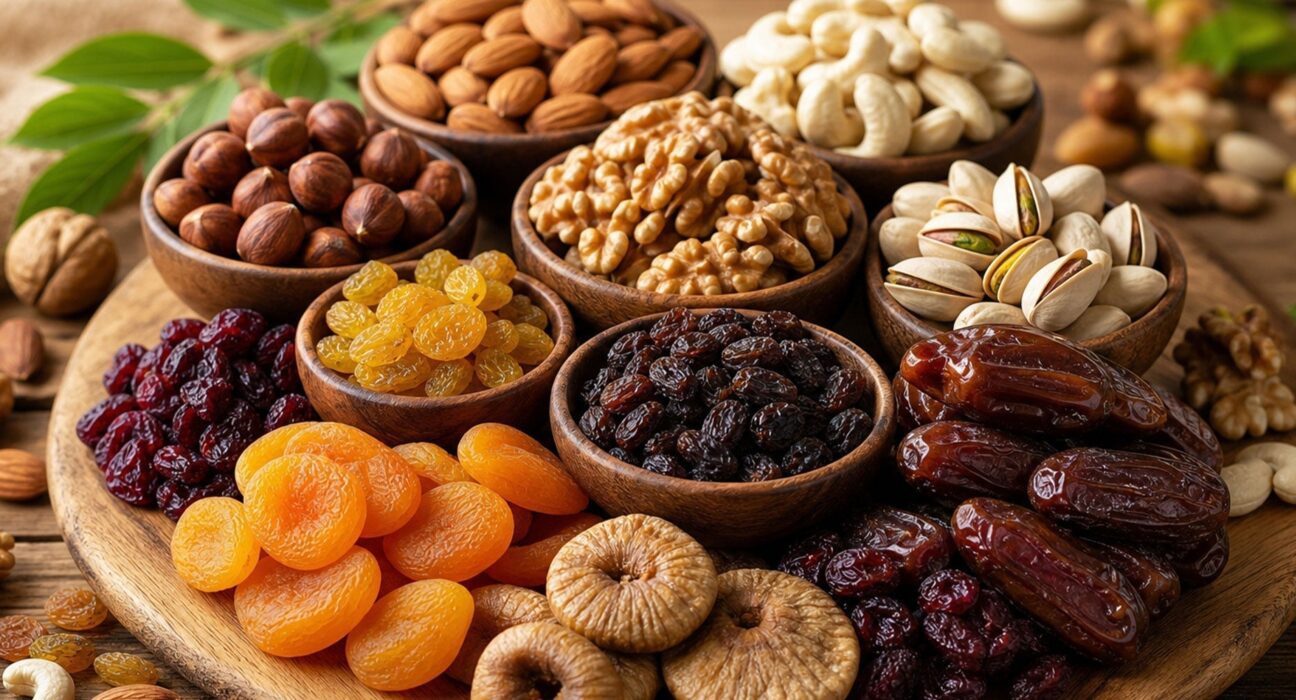 Assorted dried fruits and nuts in wooden bowls arranged on a round wooden platter.