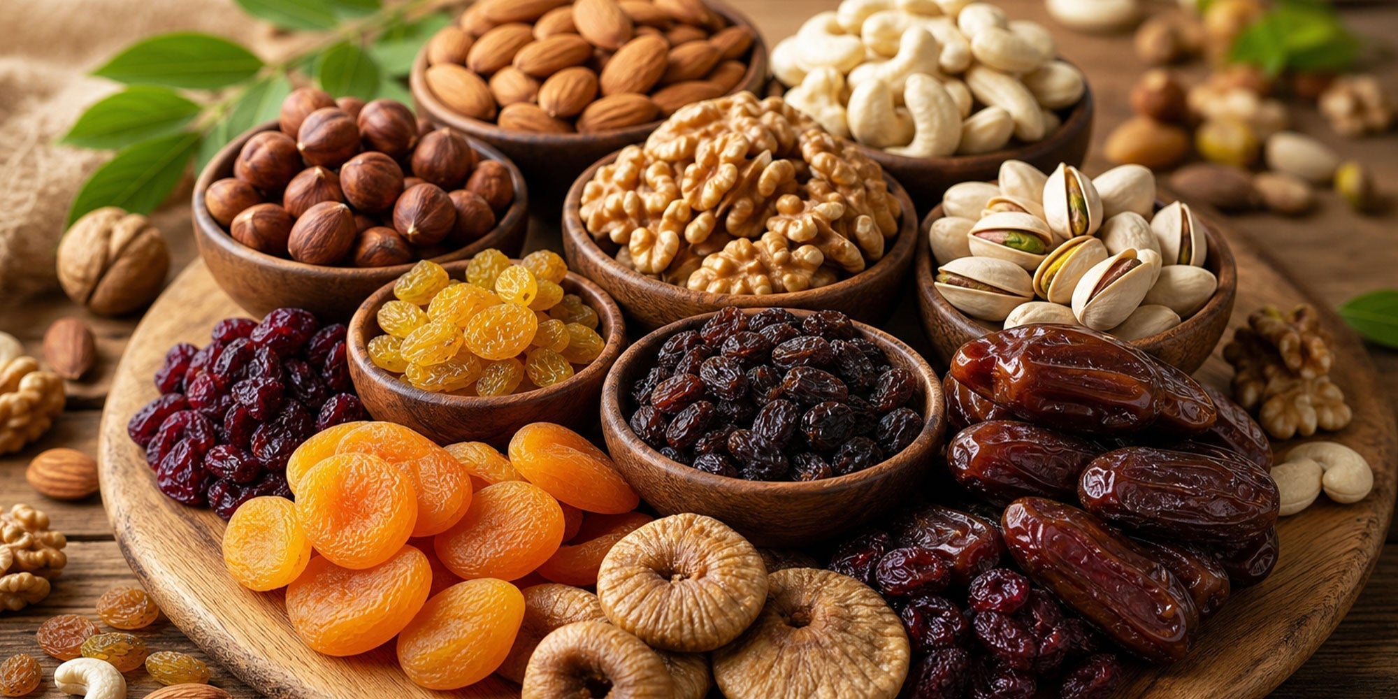 Assorted dried fruits and nuts in wooden bowls arranged on a round wooden platter.