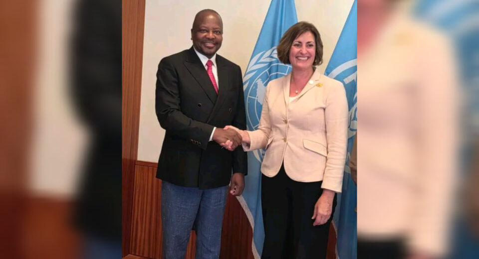 Two adults shake hands indoors, a man in a dark suit and red tie with a woman in a light blazer, standing before a United Nations flag.
