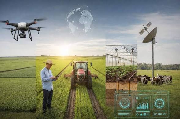 Smart farming montage showing a drone, a farmer with a tablet, a tractor in a field, irrigation, cows, and a satellite dish with a holographic data display.