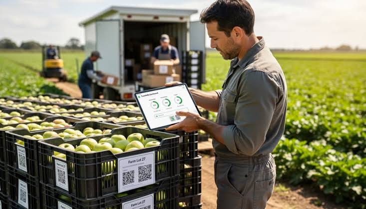 Farmer inspecting apple harvest on a tablet beside stacked crates of apples with a delivery truck in the background in a sunny field